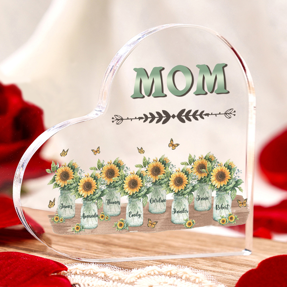 À ma Maman/Mamie - Plaque Acrylique en Forme de Cœur Fleurs 8 Prénoms Personnalisés avec 1 Texte