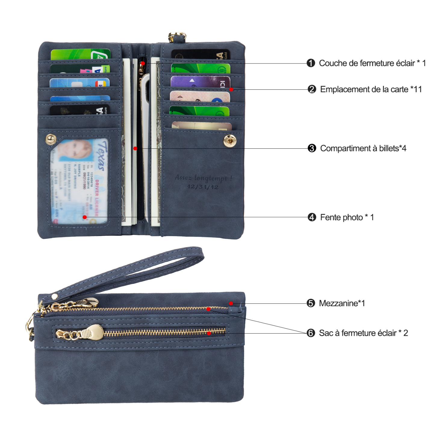 Portefeuille long en cuir PU personnalisé 1 photos avec texte et date