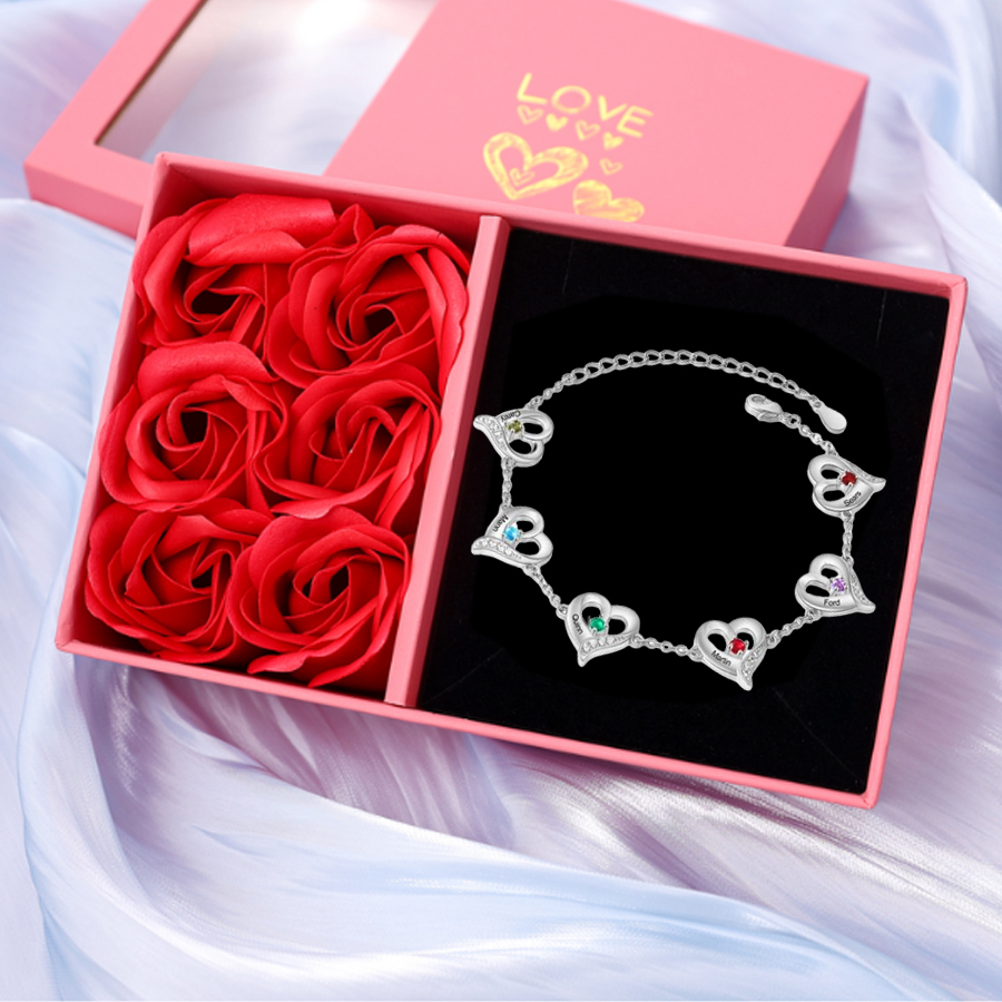 Bracelet Cœur gravé 1-7 Prénoms Personnalisés avec Pierres de Naissance