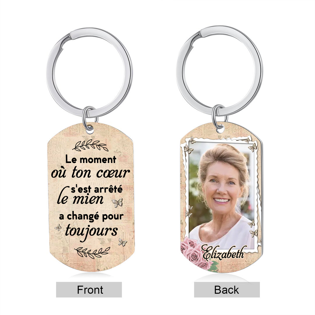 Porte-Clés Commémoratif 1 Prénom et Photo Personnalisés Le moment où ton coeur s'est arrêté le mien a changé pour toujours