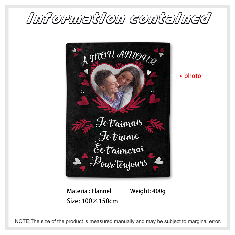 À mon Amour - Plaid Personnalisé avec 1 Photo Couverture Coeur en Flanelle Cadeau Saint Valentin pour Couple | Jessemade