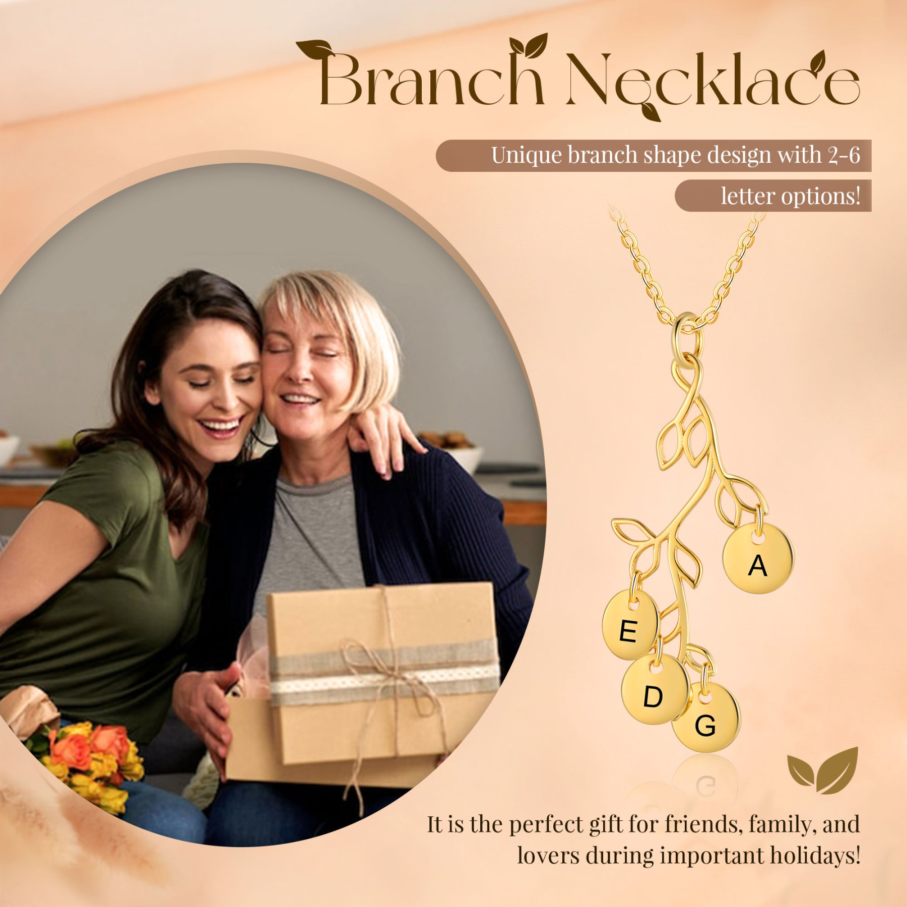 Collier Branches et Feuille 4 Letrres Personnalisés Collier Femmes
