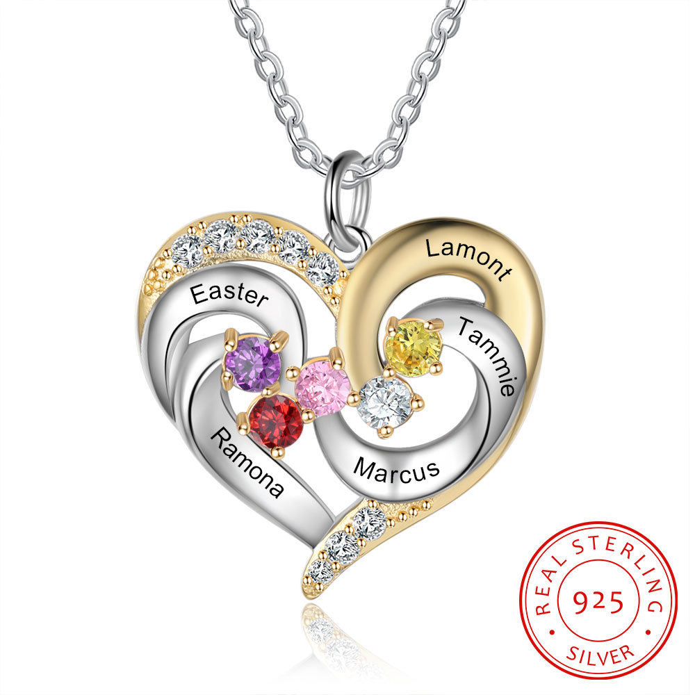 Collier Prénom cœur Argent 925 5 Prénom 5 pierre de naissance