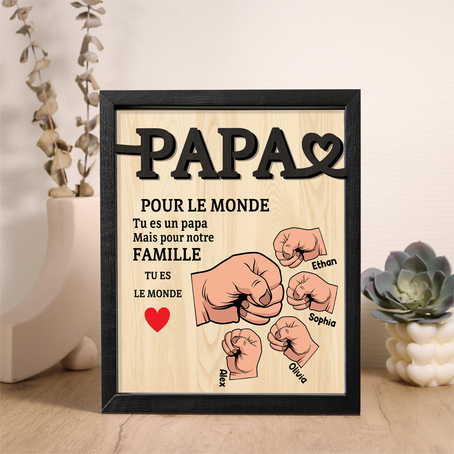 À Mon Papa-Cadre en Bois Poings 4 Prénoms Personnalisés