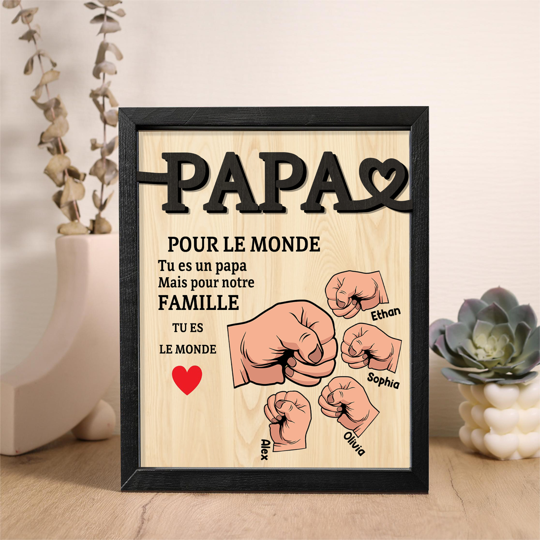 À Mon Papa-Cadre en Bois Poings 4 Prénoms Personnalisés
