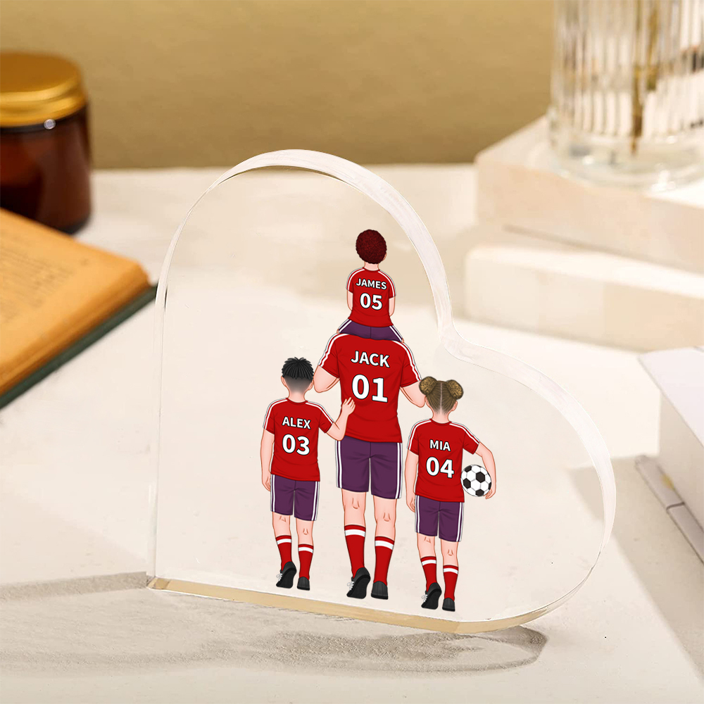 Plaque Acrylique en Forme de Cœur Football Famille 2-4 Prénoms Personnalisés