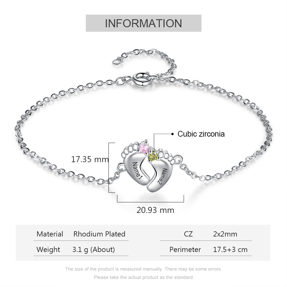 Bracelet 2 Prénom Personnalisé pied bebe avec 2 pierre de naissance