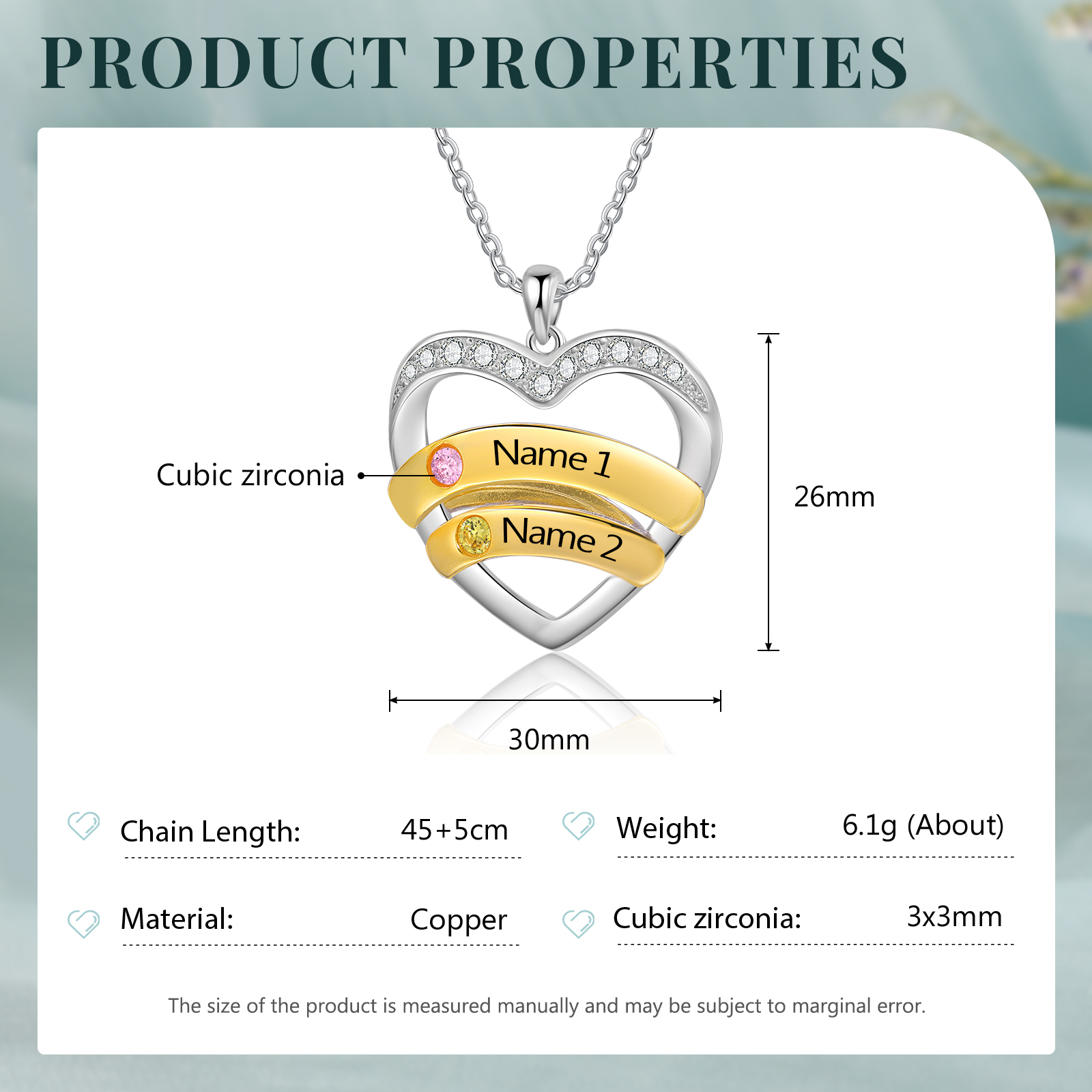 Collier Pendentif Cœur 2 Prénoms Personnalisés avec Pierre de Naissance Collier Femmes