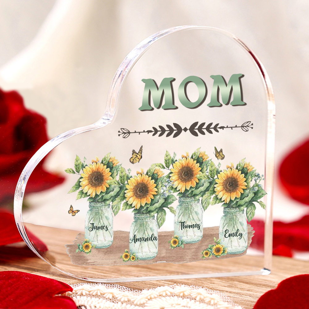 À ma Maman/Mamie - Plaque Acrylique en Forme de Cœur Fleurs 4 Prénoms Personnalisés avec 1 Texte
