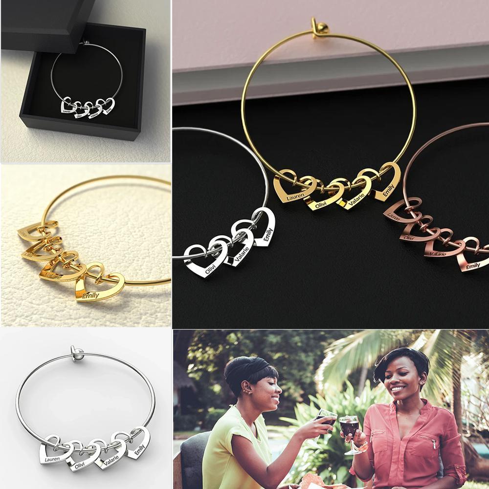 Bracelet Prénoms Personnalisés avec 4 Cœurs Breloques Bracelet Coeur|Jessemade
