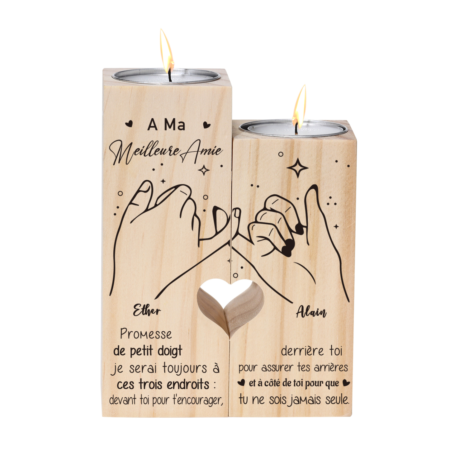 À Ma Meilleure Amie-Bougeoirs en Bois la main dans la main 2 Prénoms Personnalisés sans bougie