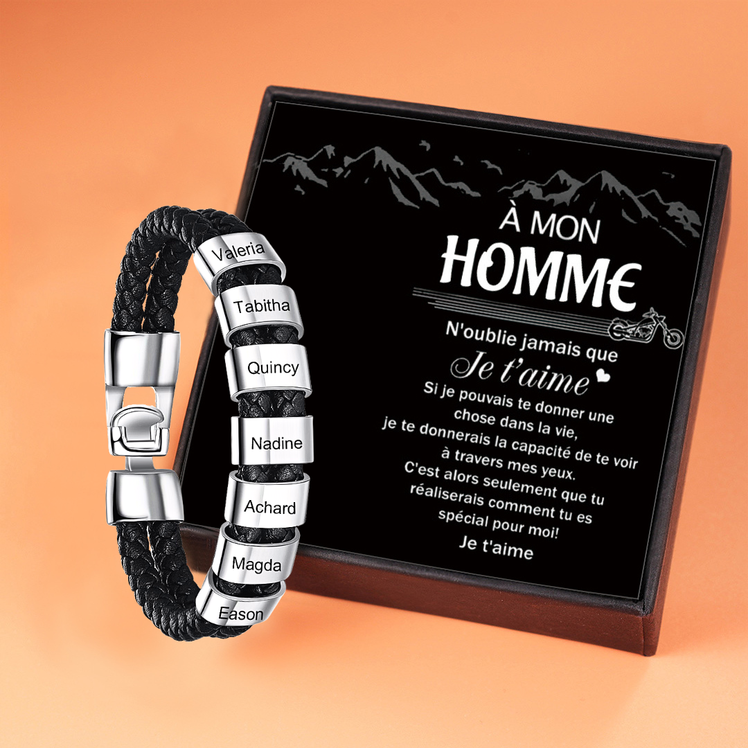 À mon homme - Bracelet en cuir tressé à perles personnalisé pour petit-ami / mari avec 7 prénoms gravés