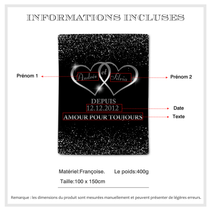 Couverture Plaids Polaire 2 Prénoms Personnalisés avec Date et Texte pour Couple | Jessemade