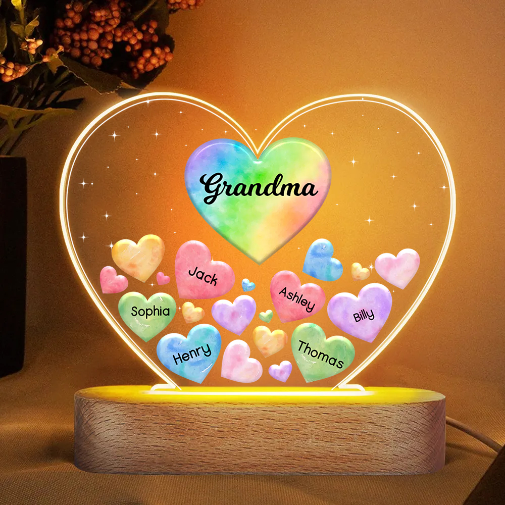 À Maman/Mamie - Lampe de chevet LED Cœurs 6 Prénoms Personnalisés avec 1 Texte