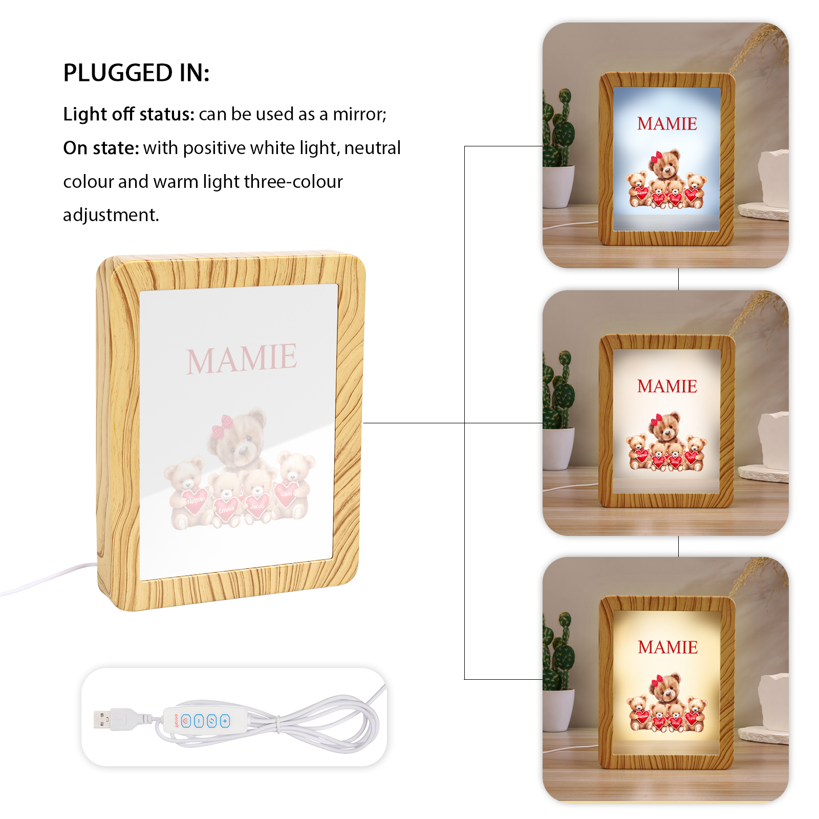 Cadre Photo/Miroir LED Multifonctionnel Ours 4 Prénoms Personnalisés avec Texte pour Famille