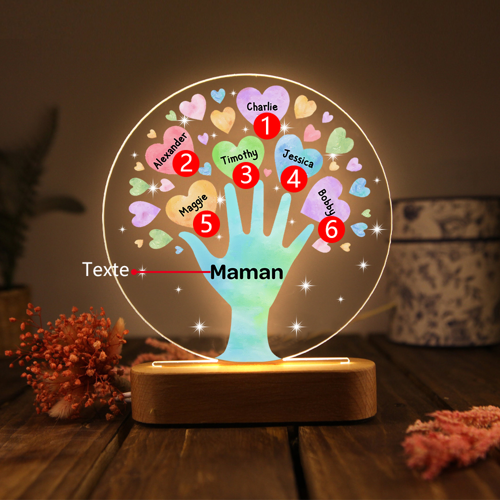 À Maman/Mamie - Lampe de chevet LED Lumières Cœur 6 Prénoms Personnalisés avec 1 Texte pour Famille