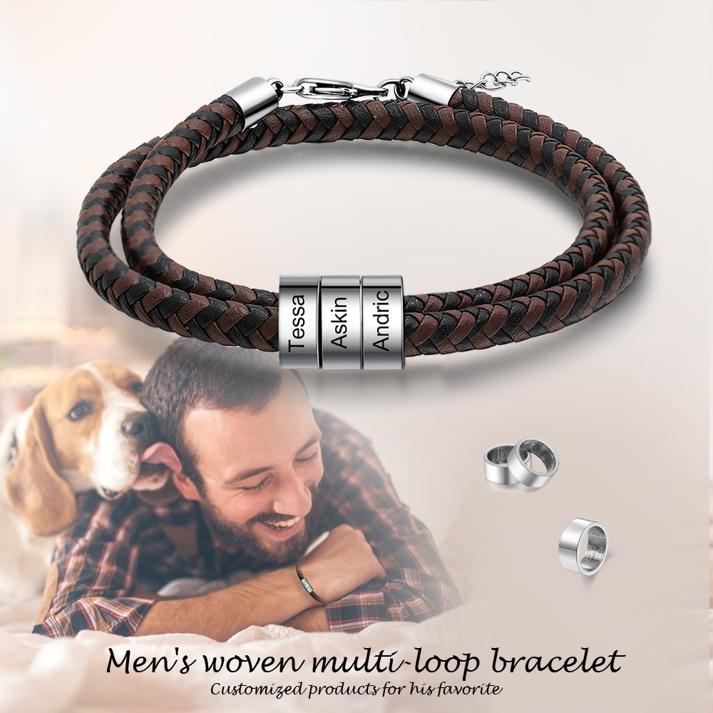 Bracelet Homme Personnalisé en Cuir Tressé et Acier Inoxydable | Gravure de 3 Noms