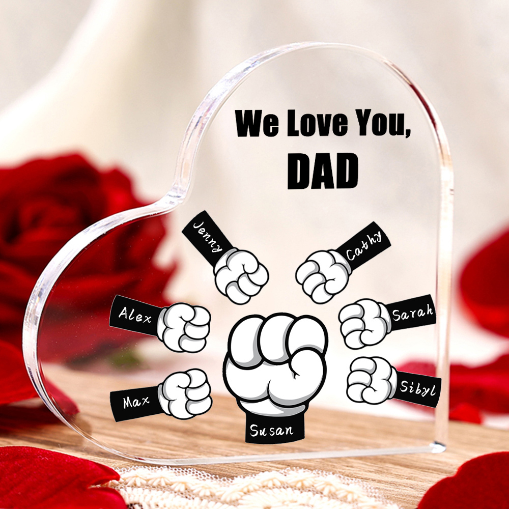 À mon Papa/Maman - Plaque Acrylique en Forme de Cœur Poings 7 Prénoms Personnalisés avec 1 Texte