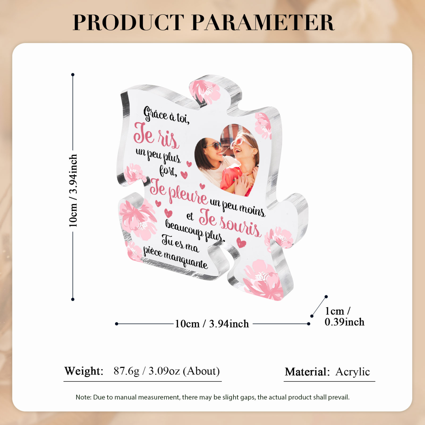 À ma Sœur - Plaque Acrylique en forme de Puzzle Photo Personnalisée pour Femme