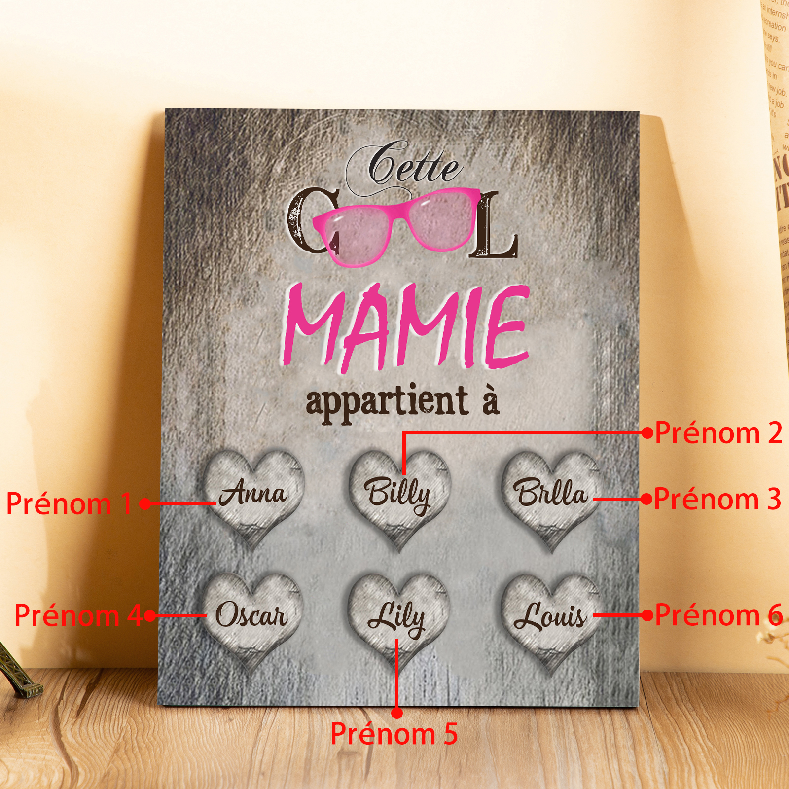 À ma Mamie - Cadre en Bois 6 Prénoms Personnalisés cadeau pour Mamie
