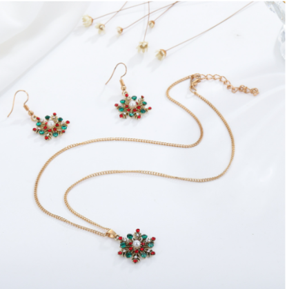 Set de Boucles d'Oreilles et Collier de Noël Flocon de Neige avec Cristaux Rouge et Vert Cadeau pour femme | Jessemade