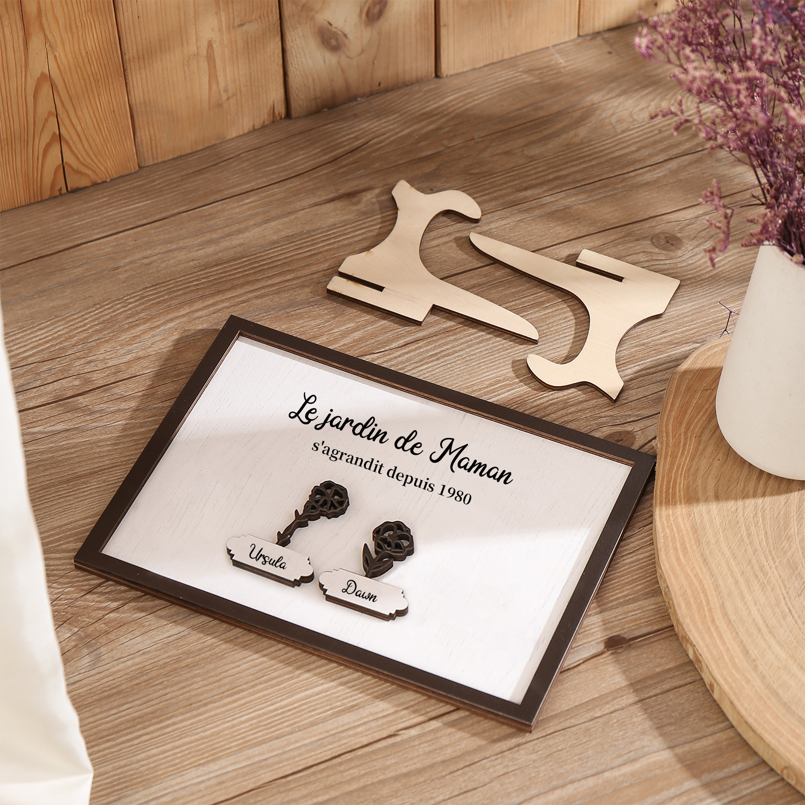 À ma Maman - Décoration en bois Fleurs 2 Prénoms Personnalisés avec Fleurs de naissance Ornement pour Famille