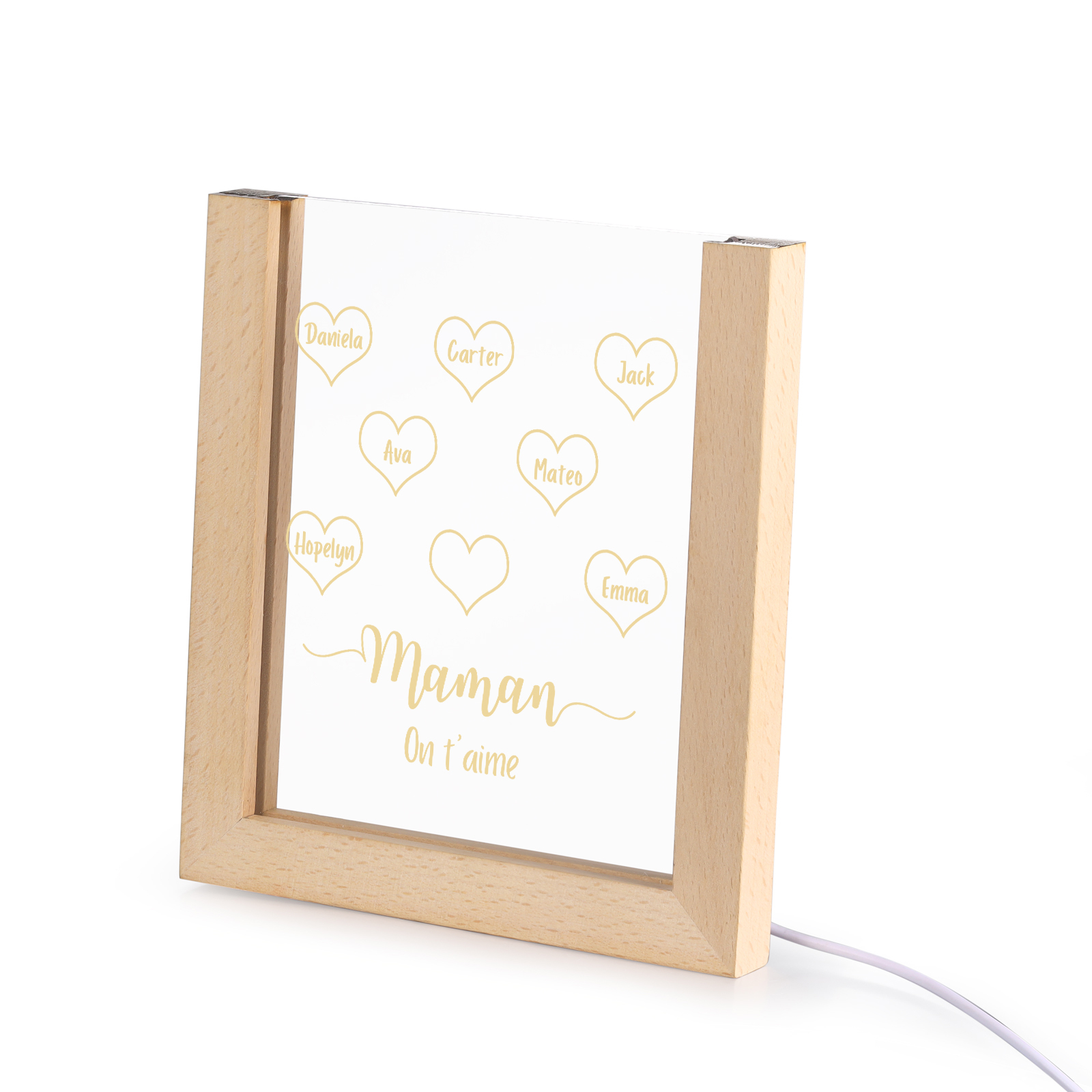À Maman/Mamie - Lampe de chevet LED Cœurs 7 Prénoms Personnalisés avec 1 Texte