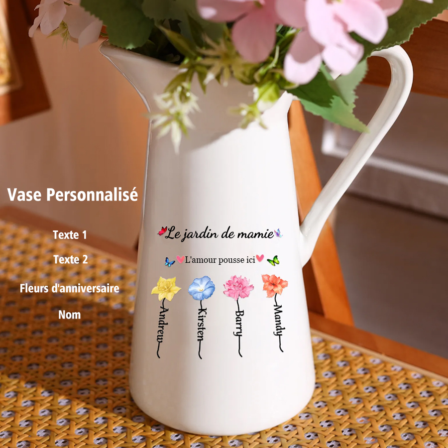 À Maman/Mamie - Vase Personnalisé 2-6 Prénoms et Fleurs de Naissance avec 2 Textes Vase Forme Pichet en Céramique (sans fleurs) | Jessemade
