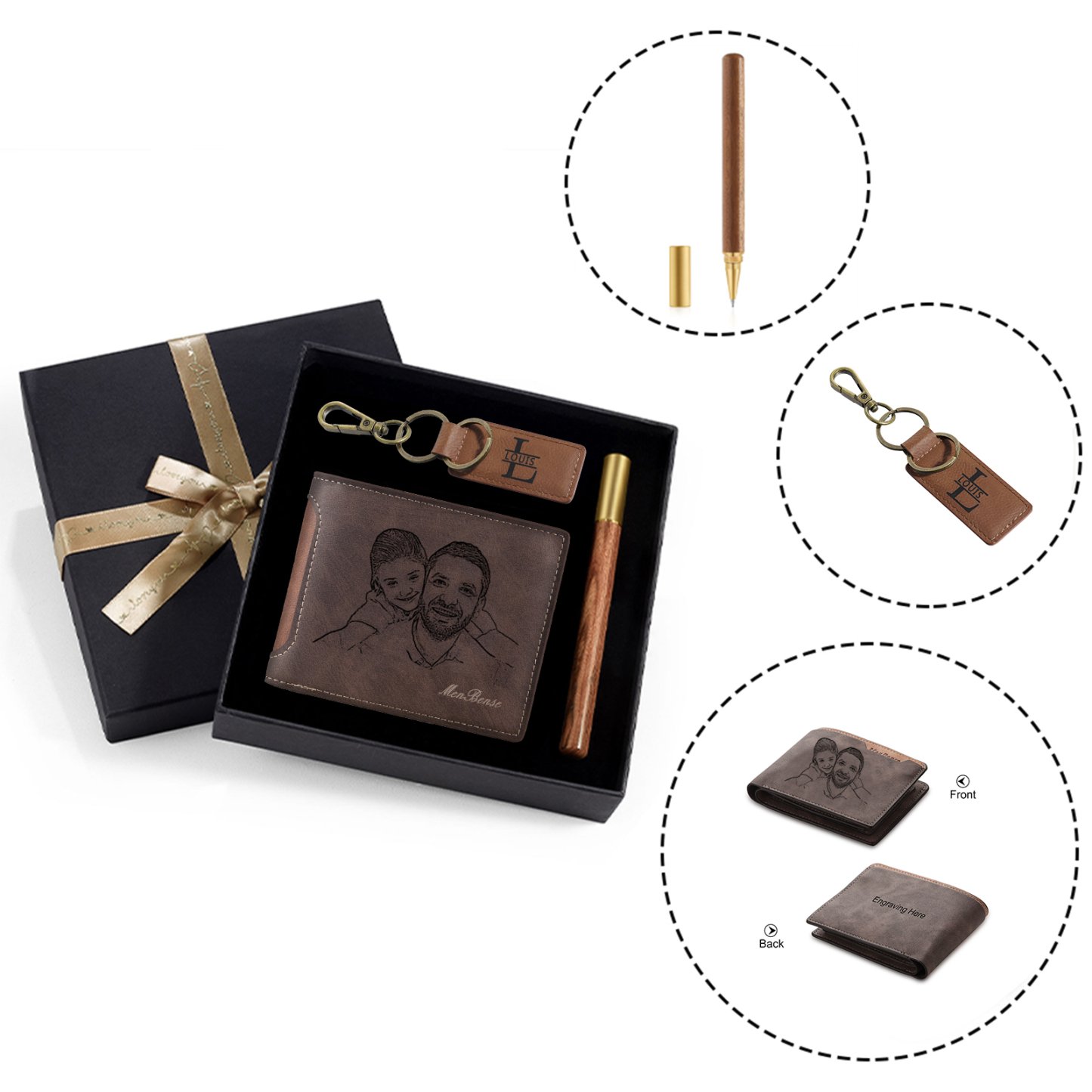Coffret Cadeau 3PCS - Portefeuille classique Porte-Clés et Stylo 1 Prénom et Lettre Personnalisés avec 1 Photo et Texte Coffret Cadeau pour Homme