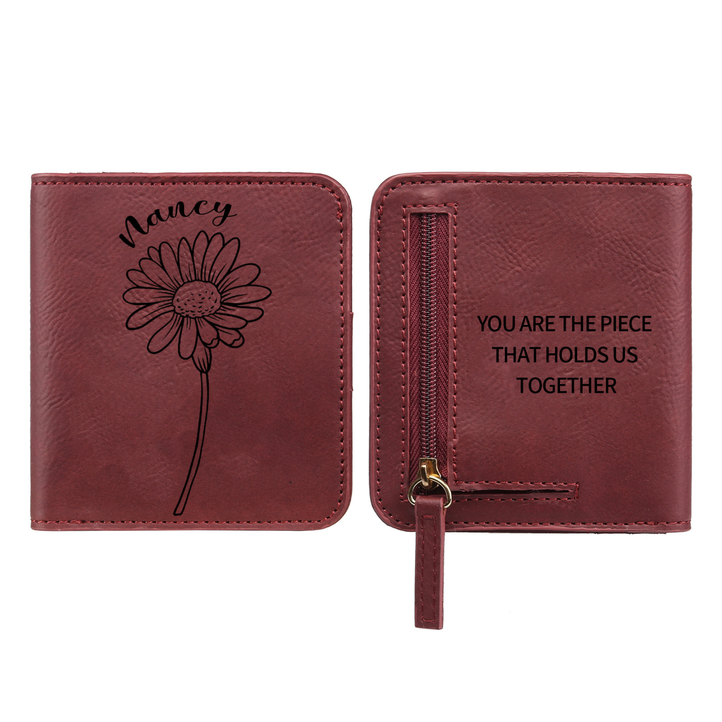 Portefeuille 1 Prénom et Texte Personnalisés avec Fleur de Naissance Porte-Monnaie Carte pour Femmes