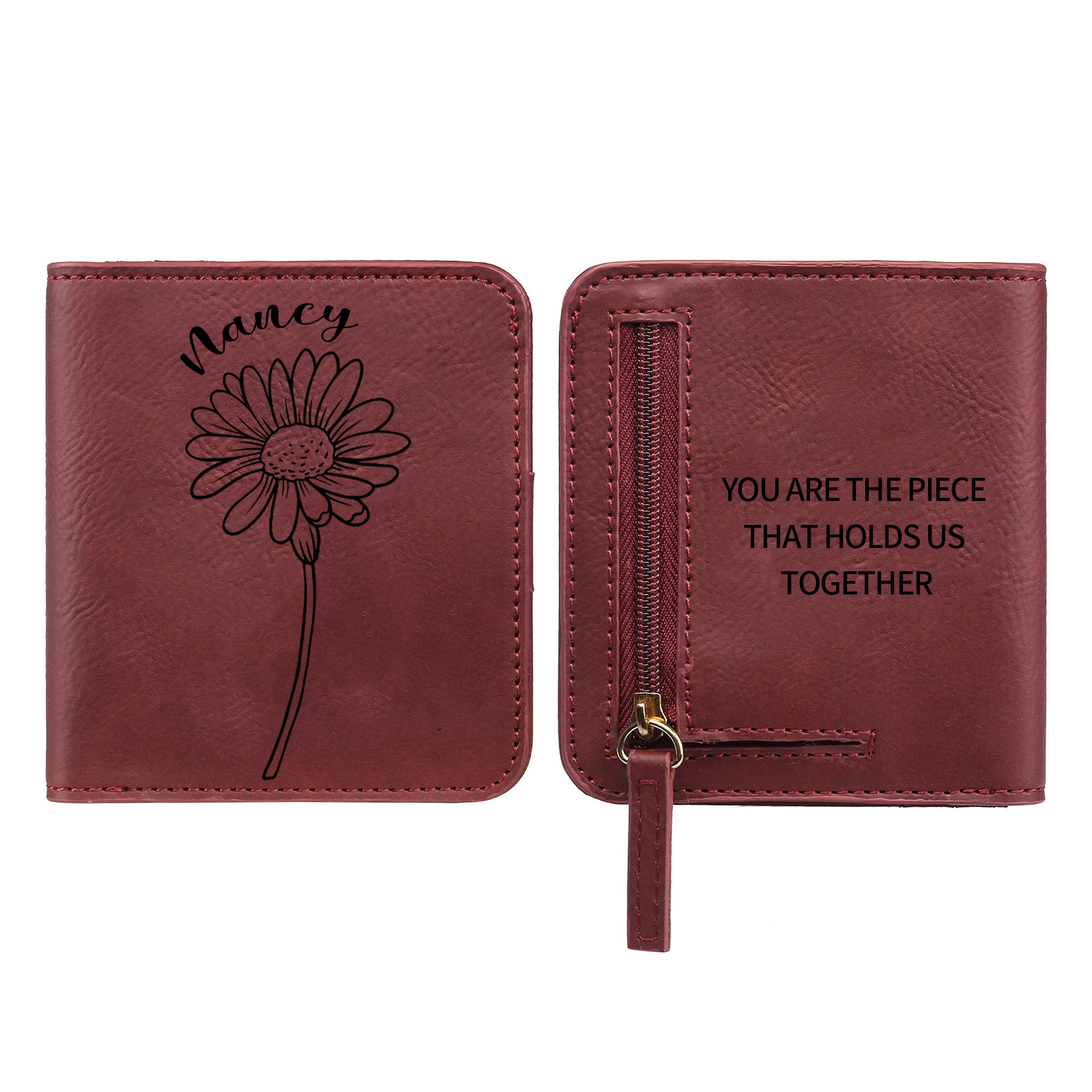 Portefeuille 1 Prénom et Texte Personnalisés avec Fleur de Naissance Porte-Monnaie Carte pour Femmes