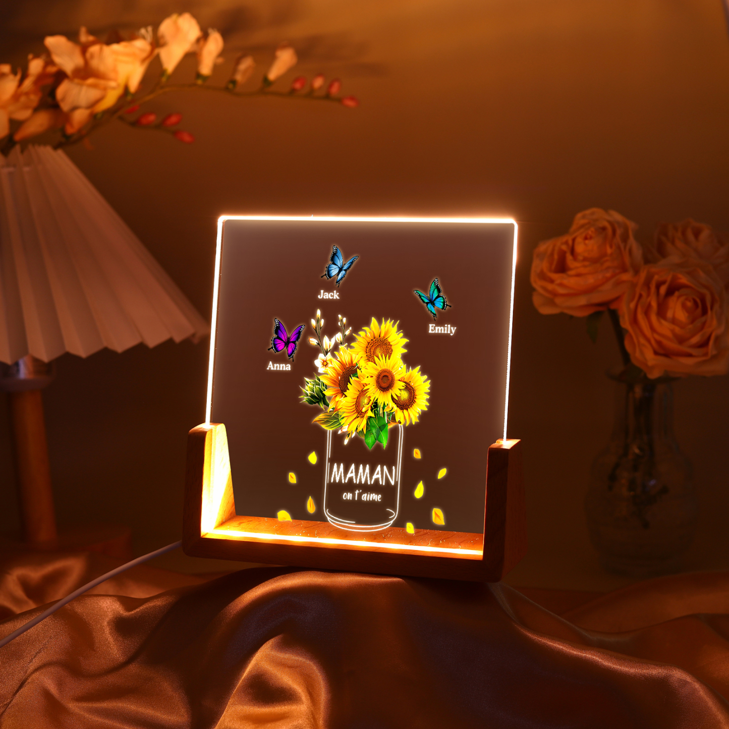 À Maman/Mamie - Lampe de chevet LED Tournesol 3 Prénoms Personnalisés avec 2 Textes pour Famille