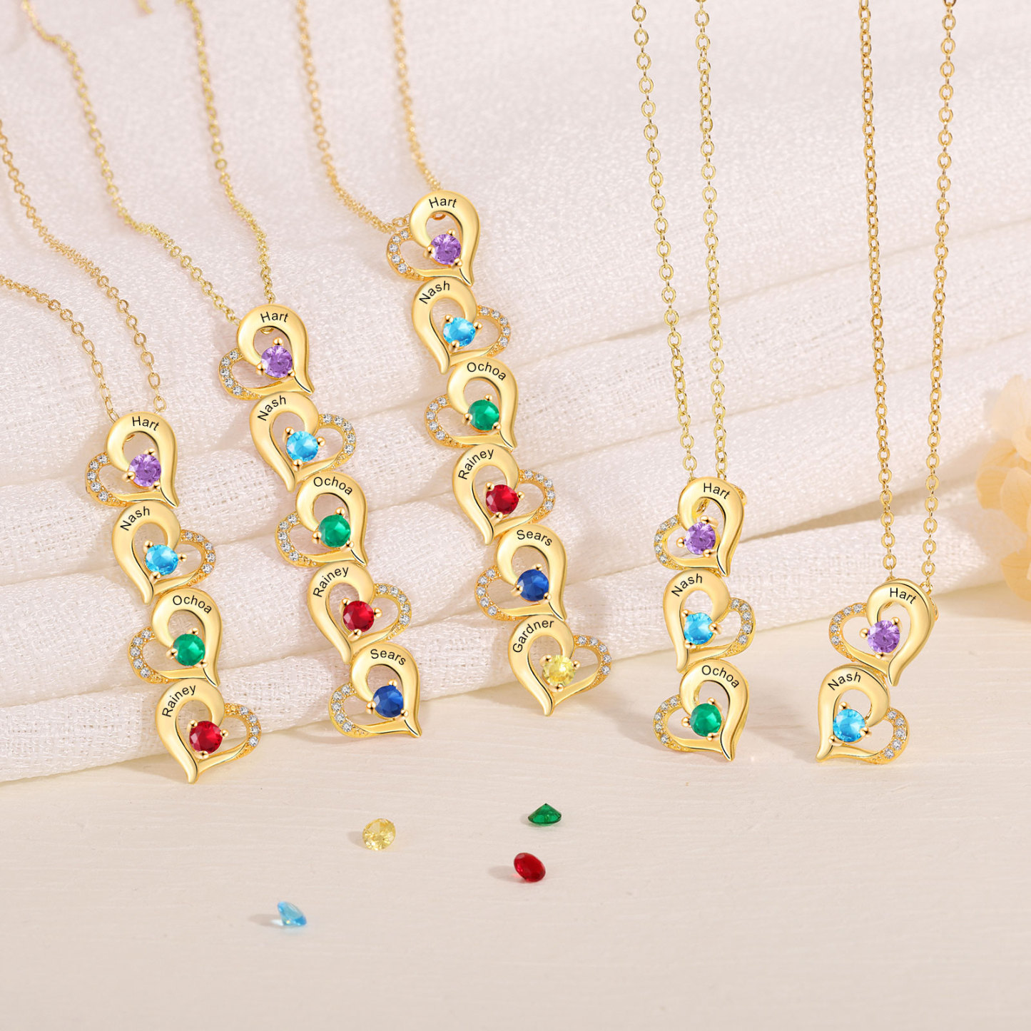 Collier Coeur 2 Prénoms Personnalisés avec Pierre de naissance Or/Or Rose pour Femmes|Jessemade