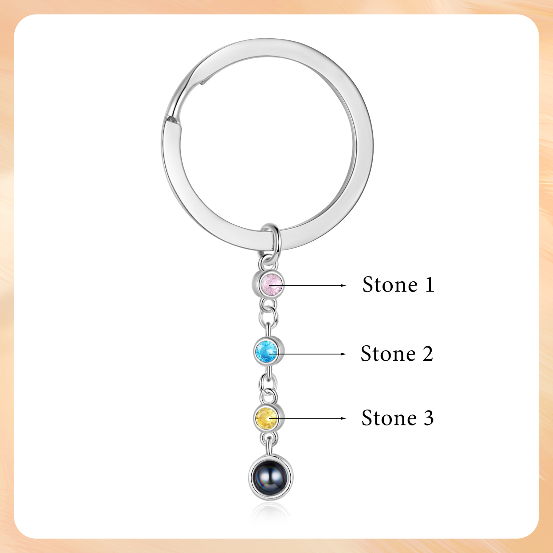Porte-Clés de Projection Photo Personnalisée 3 Pierres de Naissance