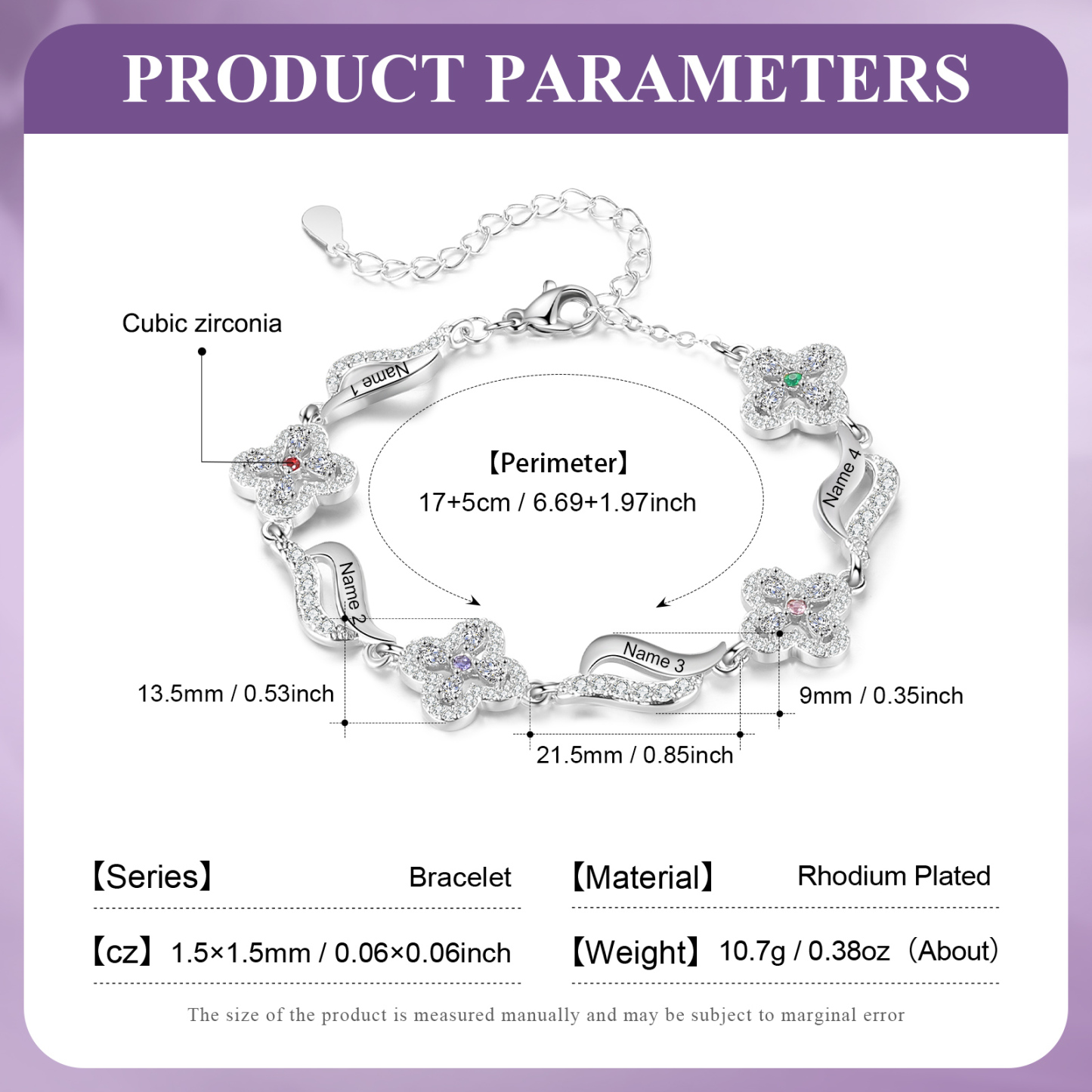 Bracelet Fleurs 4 Prénoms Personnalisés avec 4 Pierres de Naissance pour Femme | Jessemade