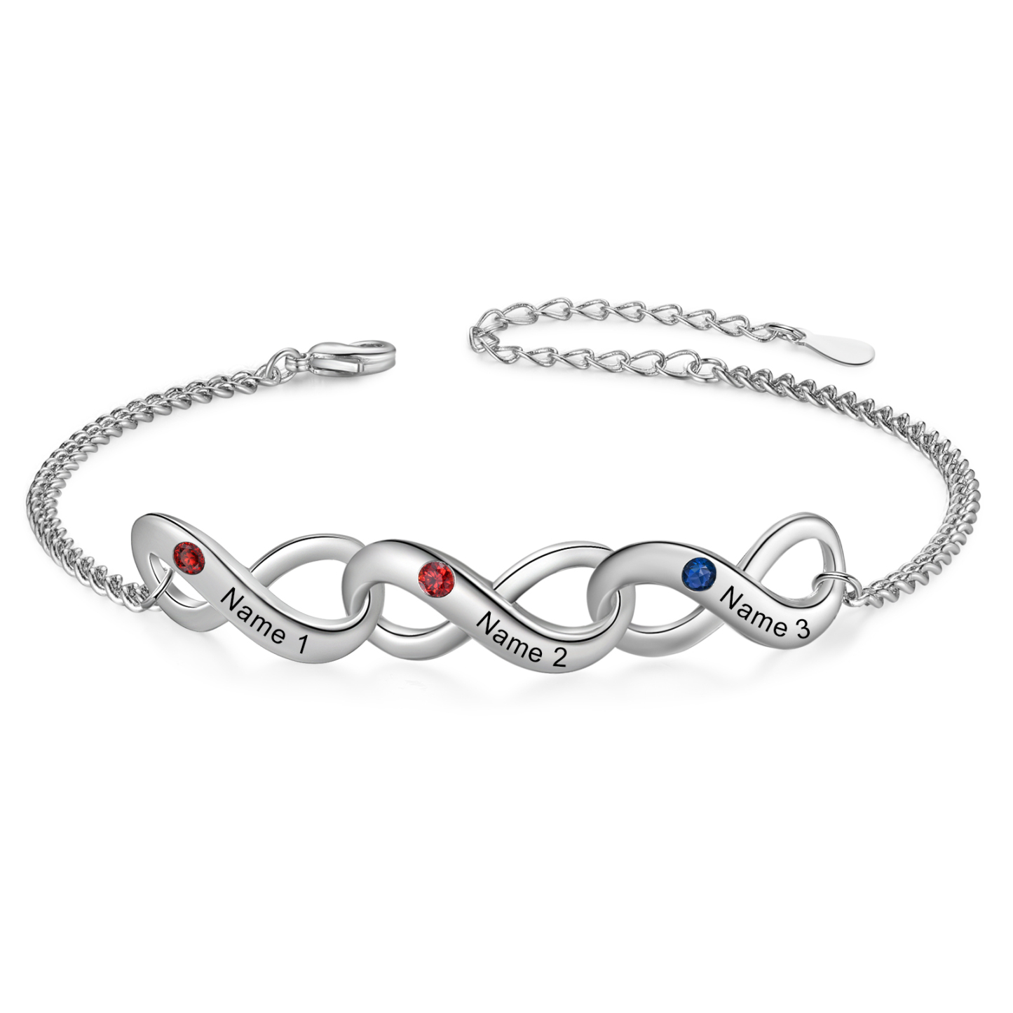 Bracelet Infini 3 Prénoms Personnalisés avec Pierres de Naissance pour Femme