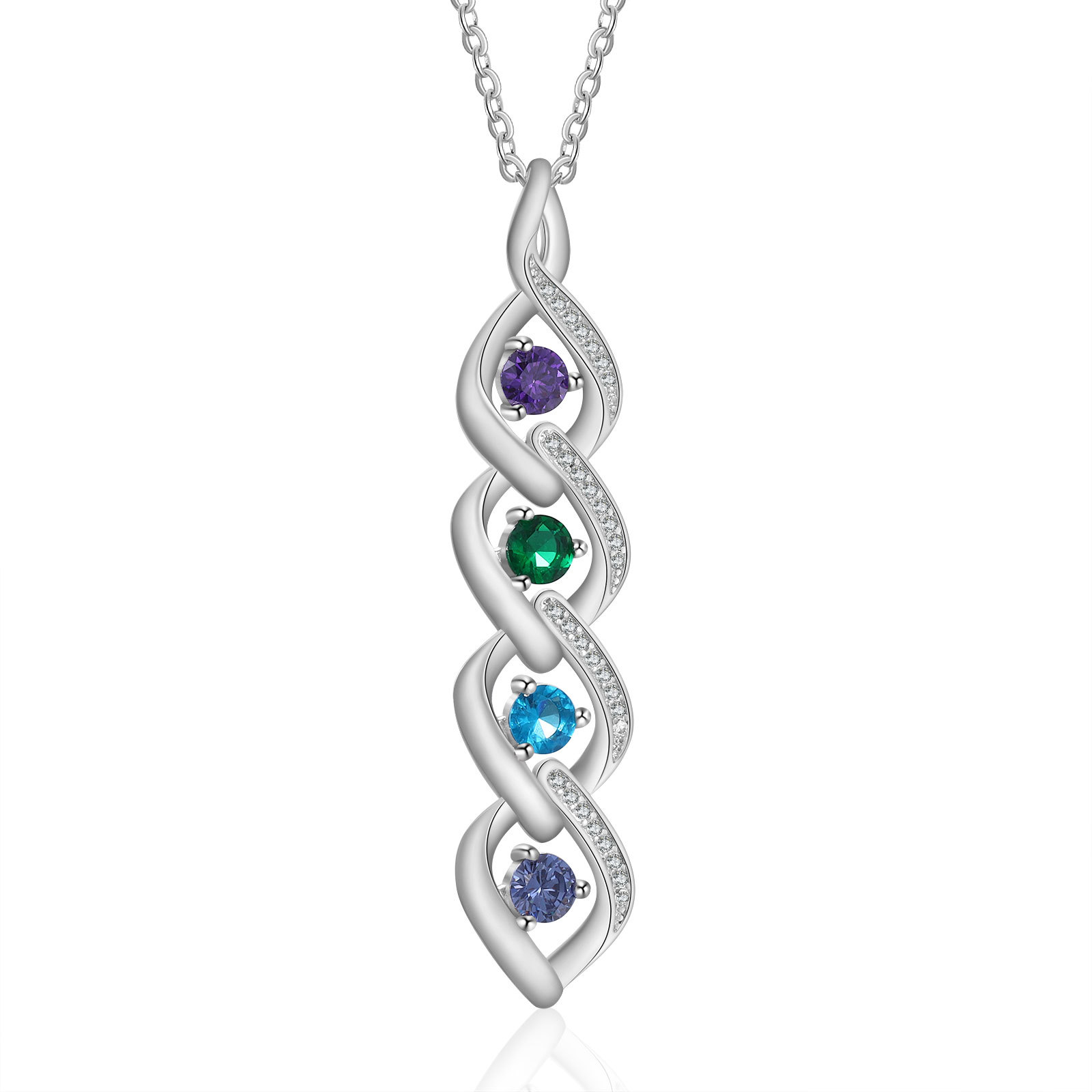 Collier Pendentif DNA 4 Prénoms Personnalisés avec Pierres de naissance