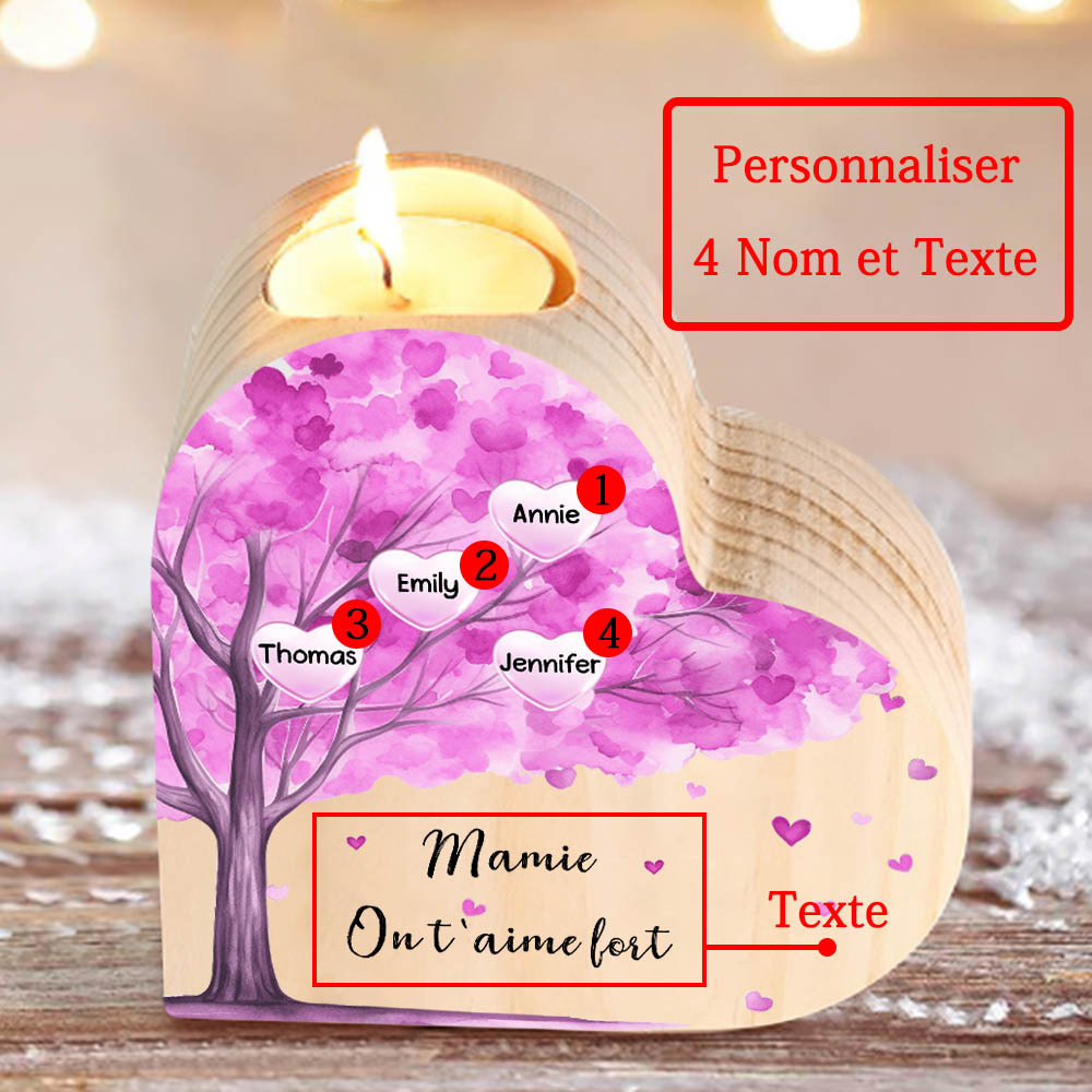 À Ma Maman/Mamie - Bougeoir en Bois Arbre 4 Prénoms et 1 Texte Personnalisés pour Famille sans bougie