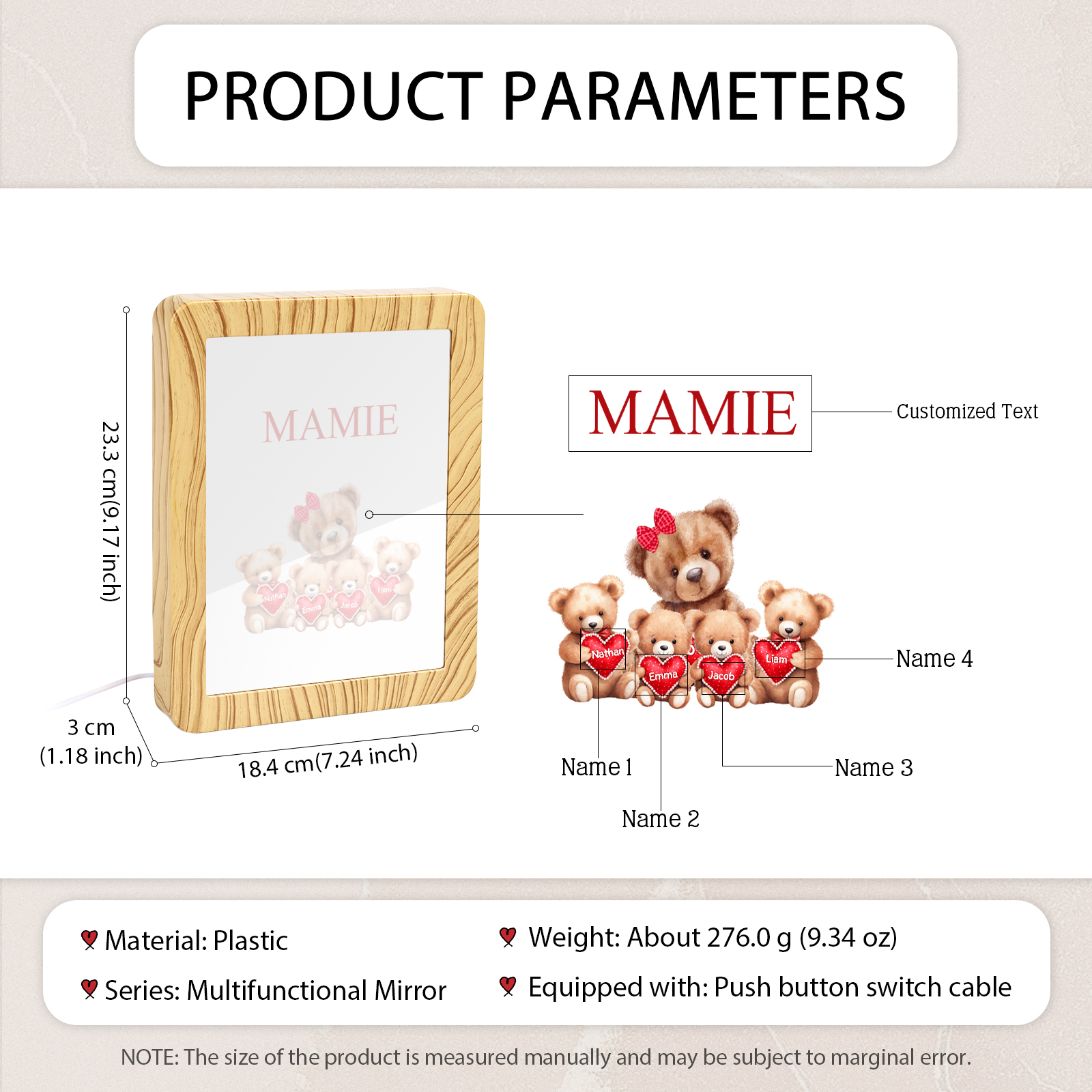 Cadre Photo/Miroir LED Multifonctionnel Ours 4 Prénoms Personnalisés avec Texte pour Famille