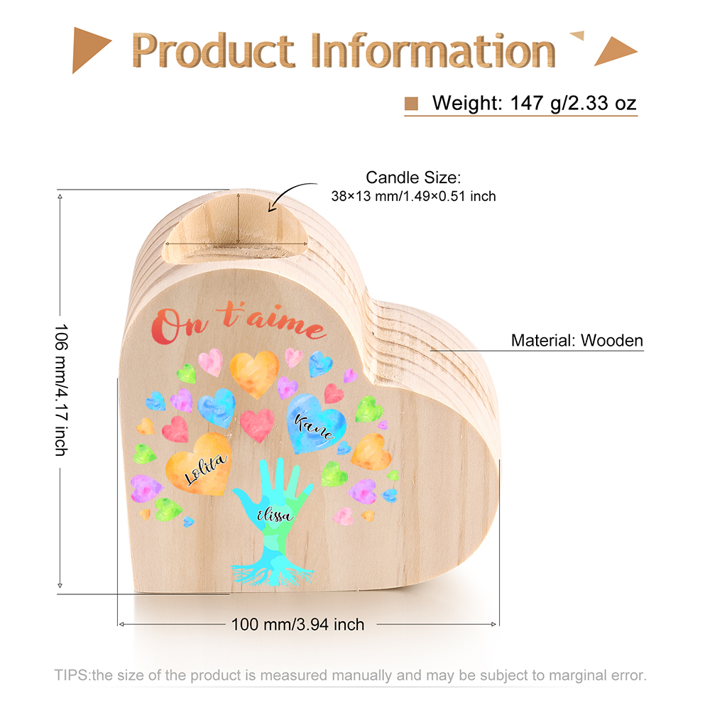 Bougeoir en Bois 3 Prénoms Personnalisés avec Texte sans bougie pour Famille