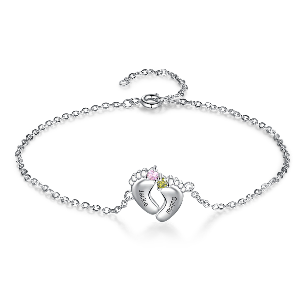 Bracelet 2 Prénom Personnalisé pied bebe avec 2 pierre de naissance