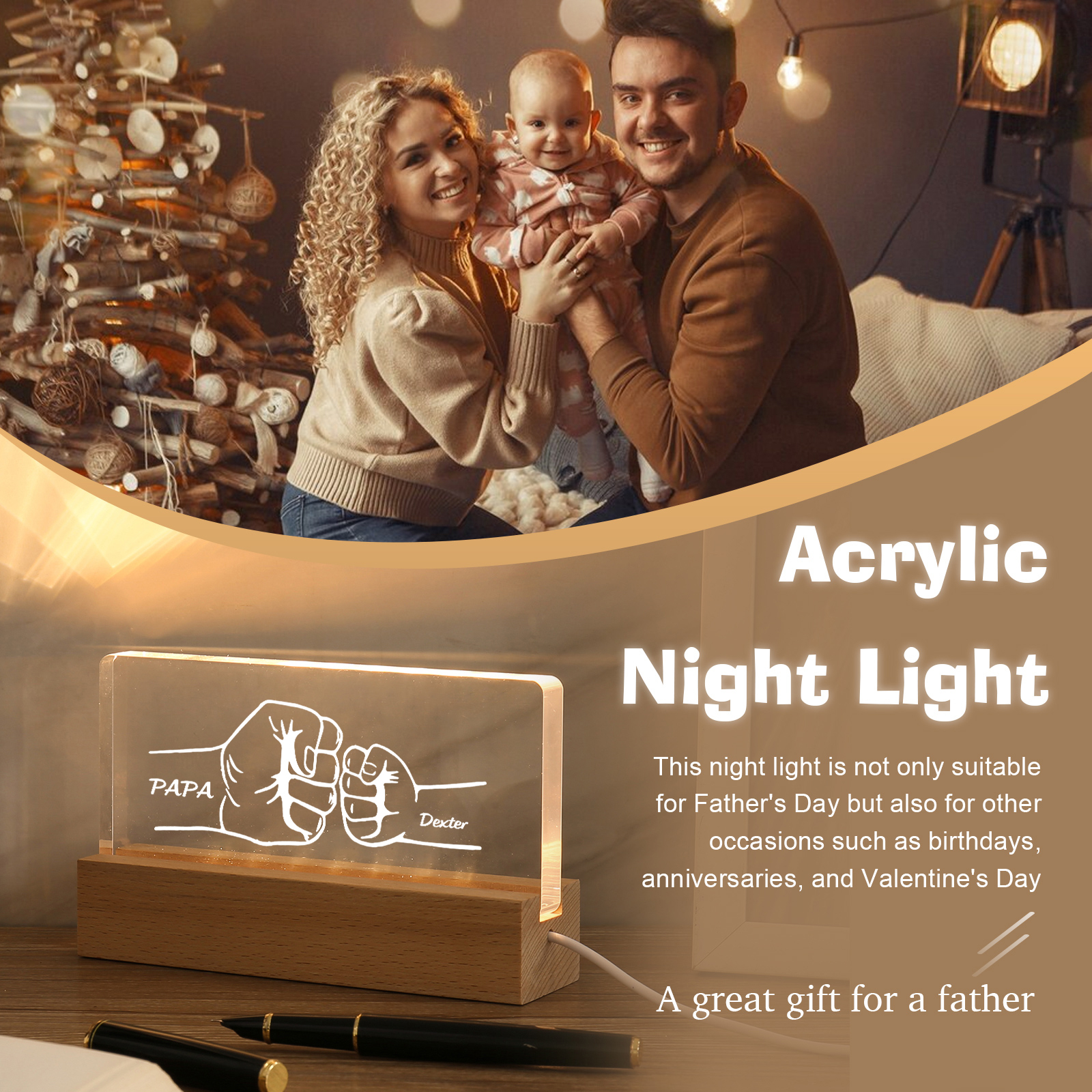 À mon Papa/Papi- Lampe de chevet LED Poings 2 Prénoms Personnalisés