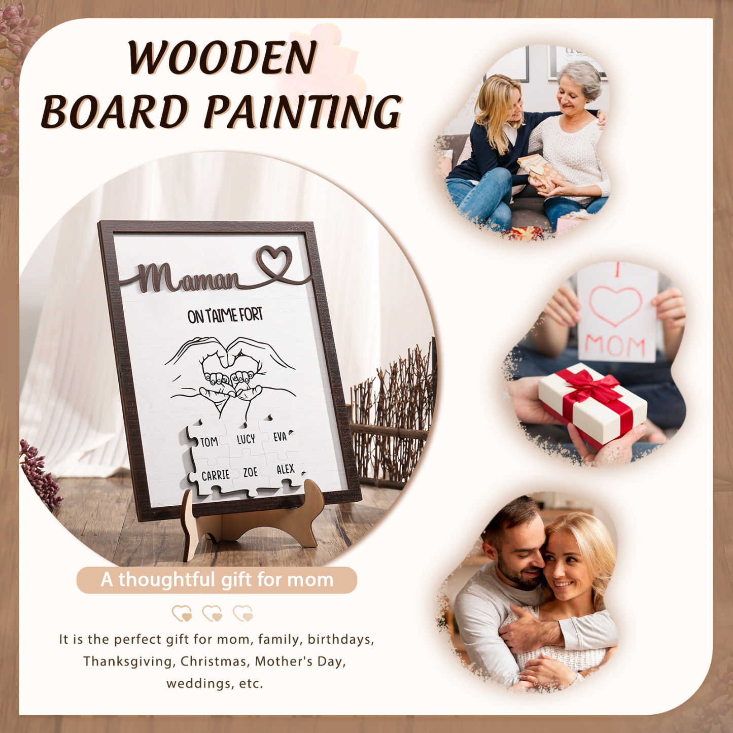 À Maman - Décoration en bois Mains et Puzzles 6 Prénoms et 1 Texte Personnalisés Ornement Famille