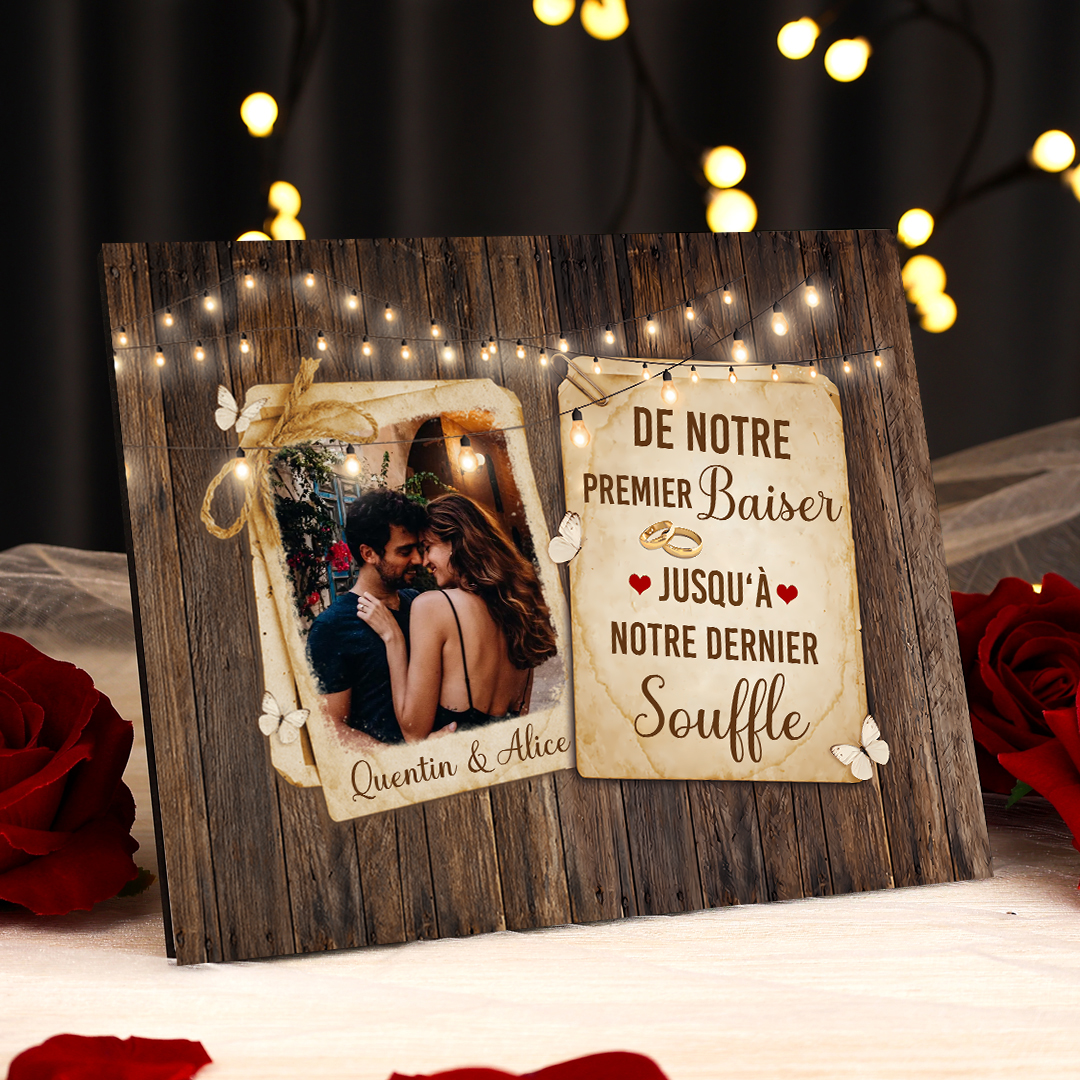 Cadre en Bois 2 Prénoms Personnalisés avec Photo pour Couple Cadeau Saint Valentin