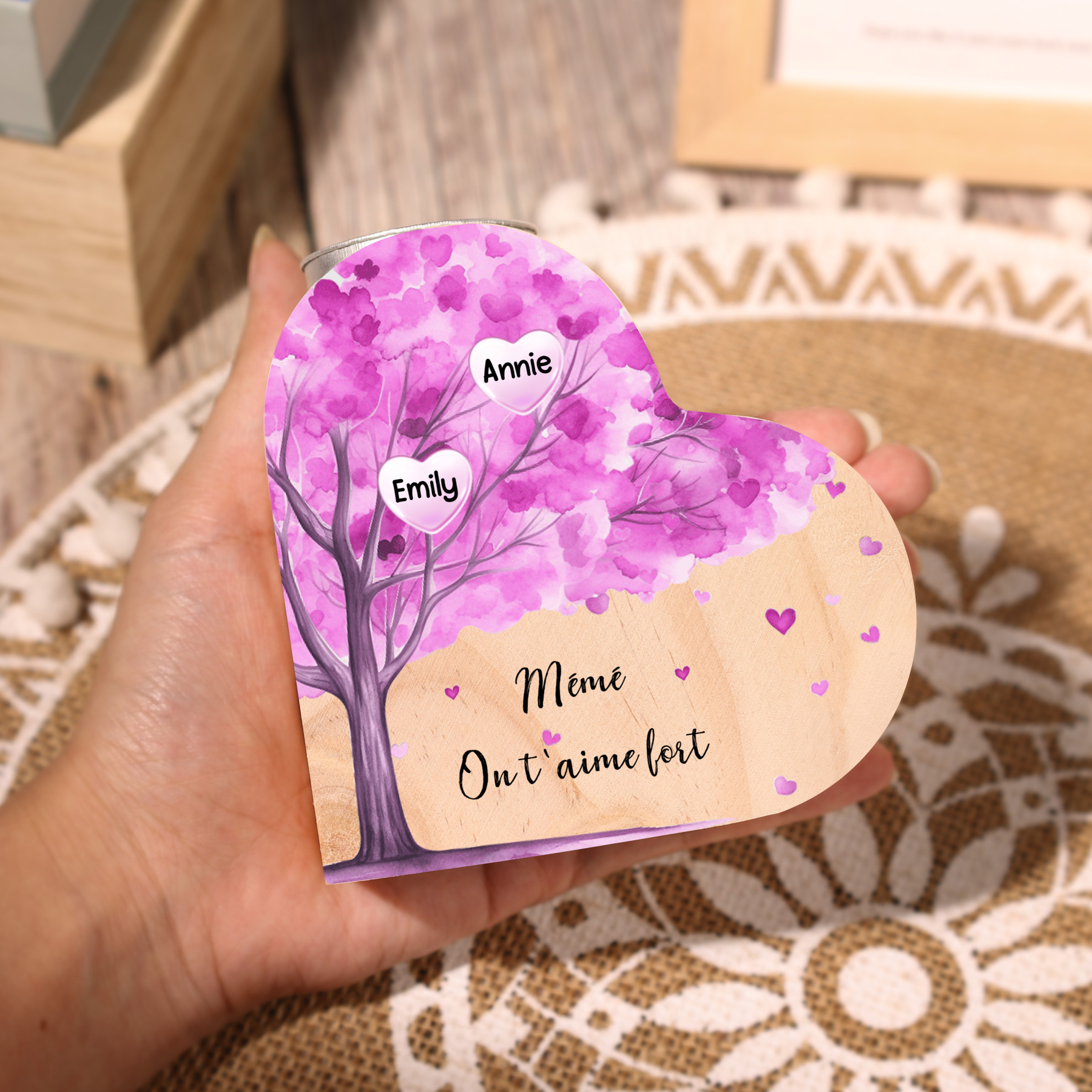 À Ma Maman/Mamie - Bougeoir en Bois Arbre 2 Prénoms et 1 Texte Personnalisés pour Famille sans bougie