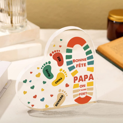 À mon Papa - Plaque Acrylique en Forme de Cœur Empreintes 4 Prénoms Personnalisés
