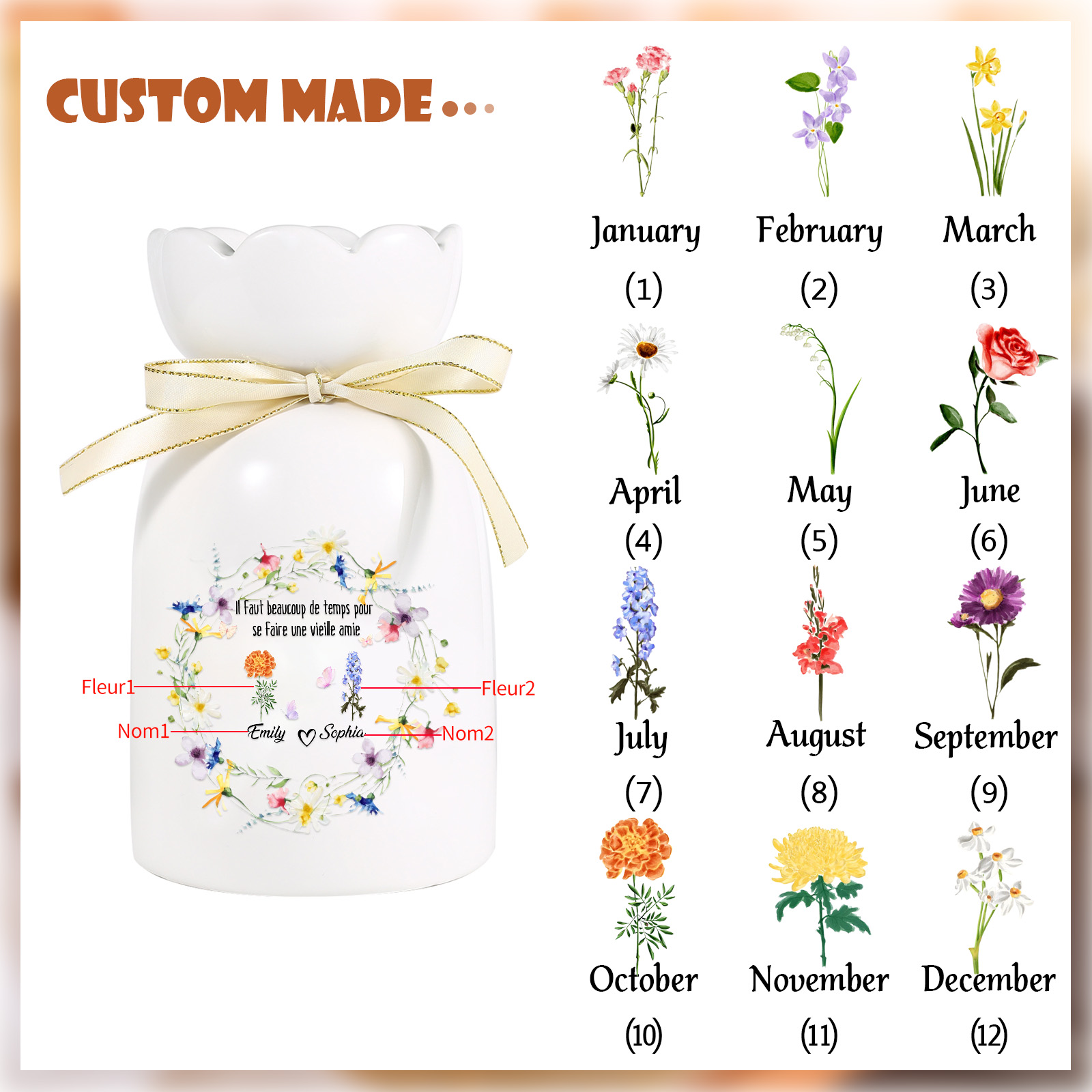 À ma Sœur/Amie - Vase en Céramique Personnalisé 2 Prénoms et Fleurs de Naissance  (sans fleurs) Cadeau d'Amitié | Jessemade