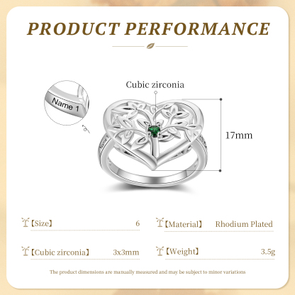Bague Arbre de Vie Personnalisée – Anneau Cœur avec Pierres de Naissance et Gravure de Noms