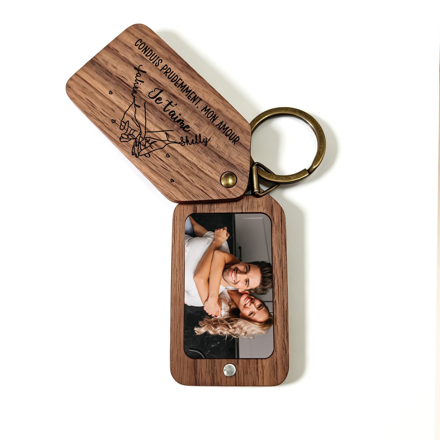 Porte-Clés Photo Personnalisé en Bois avec Promesse du Petit Doigt et 2 Photos