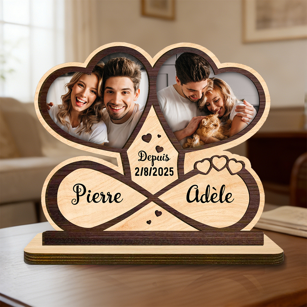 Plaque en Bois Personnalisée avec Photos, Prénoms et Date – Décoration Romantique pour Couples